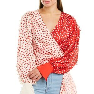 Self-Portrait Guipure Lace-trimmed Printed Satin Wrap Top in Red